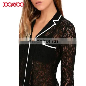 2017 New Sexy See Through Hollow Out Black Sheer Women Lace Tops Images of Ladies Casual Tops thumbnail-4