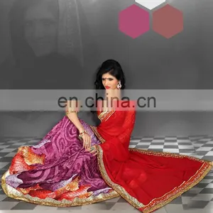 Red and Magenta Colored Georgette and Weightless Saree. thumbnail-1