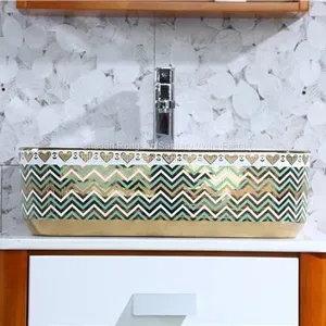 China Ceramic Bathroom Sanitary Ware Rectangle Single Hole Golden Art Luxury Table Top Wash Art Basin thumbnail-3