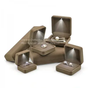 Brown Velvet Ring Box With LED Light, Velvet Bracelet Box, LED Pendant Box With Light thumbnail-1