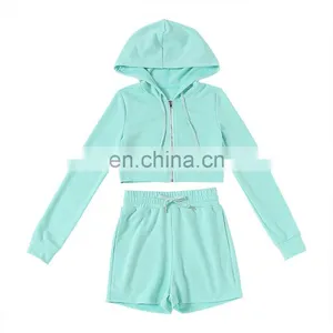 Women's Autumn 2 Piece, Shorts Sets Hooded Crop Tops Two Piece Track Sets 2020 Fashion Women Outfit Fitted Two Piece Set/ thumbnail-1