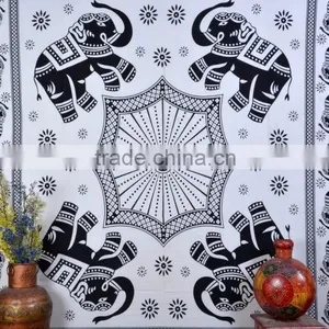 Indian Tapestry Cotton Black-White Mandala Elephants Vintage Wall Hanging Tapestries Throw Bedsheet thumbnail-2