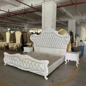 Leather Bed Solid Wood Carved Double Master Bedroom Bed 2 Meters High-end Champagne Gold Furniture Home thumbnail-4