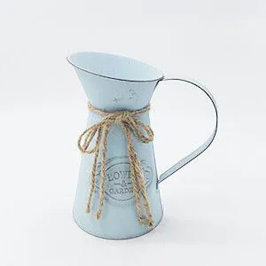 Distressed Light Blue Metal Pitcher Vase With Jute Rope Bow, Galvanized Iron Jug for Farmhouse Dried Flower Home Table Decor thumbnail-1