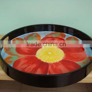 Best Selling Eco-friendly Black and Red Flower Lacquer Round Wood Serving Tray thumbnail-1