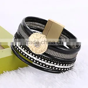 Bohemian Multilayer Rhinestone Crystal Magnetic Wide Velvet Leather Bracelet thumbnail-4