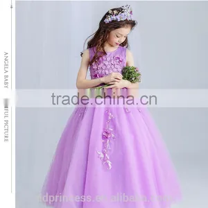 New Arrival Violet Ball Gown Tulle Girls Long Wedding Dress Sleeveless Embroidery Flower Handmade Beaded Purple Prom Party Dress thumbnail-5