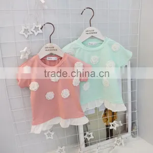 Girls Flowers Short - Sleeved All-match Kids Tshirts Cotton Children O-collar T - Shirt thumbnail-1