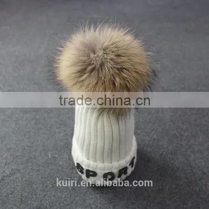 Womens Winter Cap Real Raccoon Fur Poms Hat With Plush Thicken Knit Cap Embroideried thumbnail-6