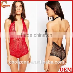 Plunge V-neck Open Back Bodysuit Women Lace Bodysuit Wholesale thumbnail-1