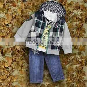 Wholesale Free Shipping Boys Clothing Suits 3 PCS Grid Coat And Cotton T Shirt And Jeans Pants Infant Clothes Set Wear CS30725-3 thumbnail-1