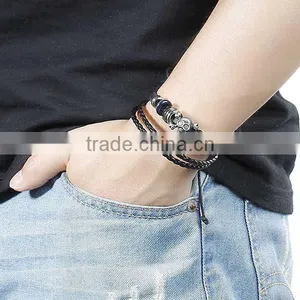 New Fashion Black Cord Gunmetal Halloween Skull Green Blue & Silver Tone Beads Cowhide Multilayer Bracelets thumbnail-3