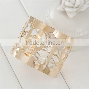 Gold Plated Cylinder Halloween Skeleton Skull Hollow Open Cuff Bangles Bracelets thumbnail-2