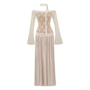 Pure Desire Style Off-shoulder Lace Patched Faux Two-piece Long Sleeve Dress, New Autumn Waist-cinching Slim and Elegant Long Dress thumbnail-4