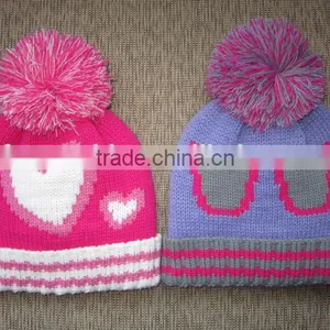 Custom Winter Knitted Jacquard Beanie Hat in Cute Cartoon Pattern With Big Pom and Hand Crochet Decoration for Girls and Ladies thumbnail-2