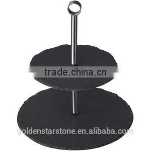 2 Tier Slate Serving Stand With Chrome Handle/Hot Selling Slate 2 Tier Cake Stand, CupCake, Muffin, Dining Room, Kitchen Display thumbnail-1
