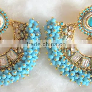Anarkali Bollywood Beads Polki RAM LEELA Gold Tone Dangler EARRINGS thumbnail-5