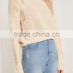 Plain White Ladies Sweater Knitwear Pullover Drop Shoulder Ladder Shoulder Distressed Crop Jumper Women thumbnail-5