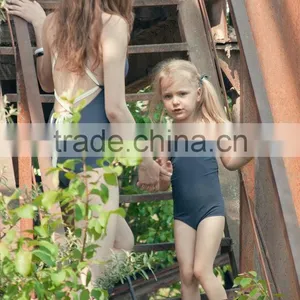Baby Girl Tight Swimsuit Solid Grey Vintage Beach Swimwear Mommy and me Clothes thumbnail-3