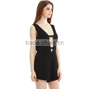 Female Sexy Deep V Neck Hollow Sleeveless Black Jumpsuit Pants Romper Short Overalls Pants thumbnail-3