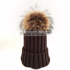 Myfur Super Size Raccoon Fur Pom Pom Detachable Fur Ball Knit Hat thumbnail-1