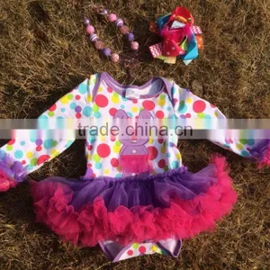 2015 New Baby Girls Kids Color Dots Bunny Easter Dress With Necklace and Headband Wholesale Set thumbnail-1