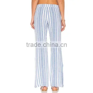 Cotton Blend Striped Drawstring Trousers Ladies Side Slit Lounge Pants thumbnail-3