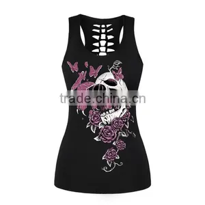 2017 Hot Selling Cheap Women Black Tank Top With Rose Skull Printed thumbnail-1