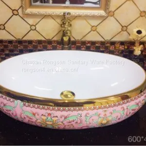 Countertop Gold Color Basin Oval Ceramic Luxury Gold Shining Basin thumbnail-1