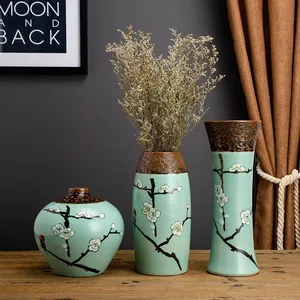 Green Chinese Style Hand Made Paint Large Three-Piece Ceramic Vase For Home Table Decor thumbnail-1