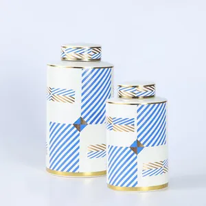 European Simple Style Blue and White Bended Line Sheet Pattern Ceramic Flower Vases With Lid For Home Decoration thumbnail-2