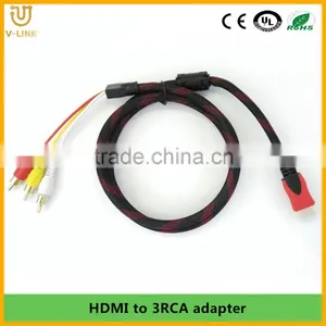 Red&Black Nylon Braided 1.5m/5ft M/m HDMI to 3RCA Converter Line With High Data Transfer Speed thumbnail-1