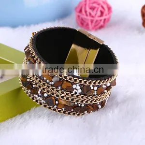 New Arrive Nature Stone Wide Crystal Velvet Magnetic Clasp Bracelet Bohemia Style For Women thumbnail-3
