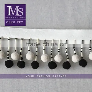 Newest 7cm Width Black/white Handmade Beaded Pom Pom Fringe Wholesales thumbnail-1
