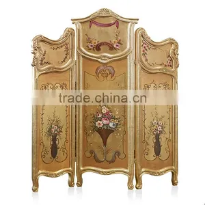 Elegant Gilt Wooden Floor Screen, Gold Painted Flower & Bird Four Panel Folding Screen, Curio Classic Furniture Decor Screen thumbnail-6