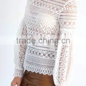 Runwaylover 118 Ladies 2017 Fashion Puff Sleeve Lace Transparent Blouse thumbnail-3