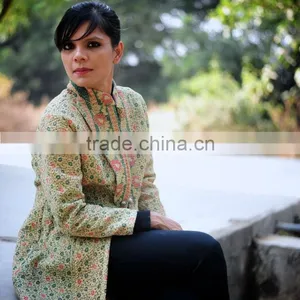 Vintage Kantha Long Accent Jacket in Beautiful Green, Pink & Cream Floral Print ~ Large thumbnail-1