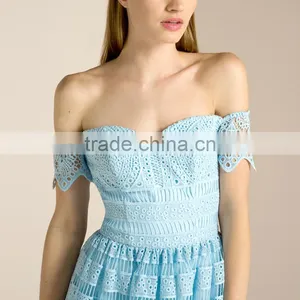 Crochet Chemical Lace Trim Sweetheart Neck off Shoulder Midi Party Dress thumbnail-2