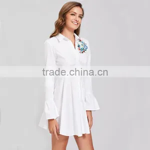 Women Flower Emboriedered Long Sleeve Clothing, White High Waist Shirt Dress thumbnail-6