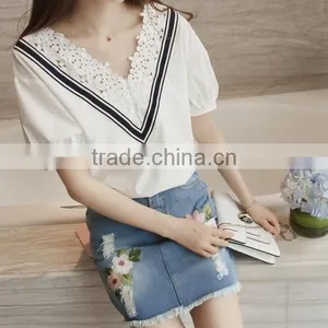 2017 New Design Sexy Women Tops Stitching Hollow Comfortable Women's Lace T-shirt thumbnail-5