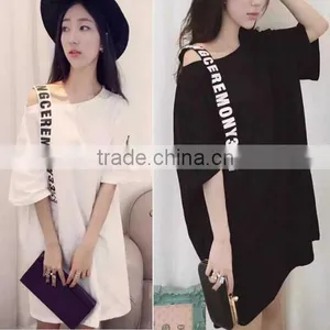 2017 Summer New European and American Personality Shoulder Strap Letters Loose Long T-shirt Women's Clothing thumbnail-1