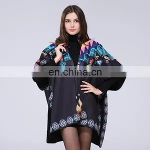 Womens Winter Stamp Cashmere Fringed Shawl Cloak thumbnail-1