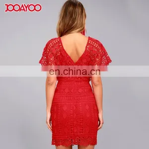 Fashion v Neck Cape Sleeve Ladies Casual Dress Hollow Out Lace Sexy Women Dresses thumbnail-3