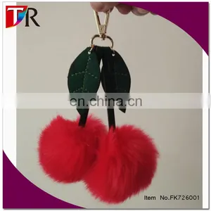 Fashion Double Red Faux Fur Ball Bag Charm With Leafs 2016 New Design Pom Pom Keychain thumbnail-1