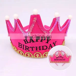 MCH-2316 New Wholesale Party Decoration Led Flashing Happy Birthday King Princess Tiara Crown Headband Hat thumbnail-4