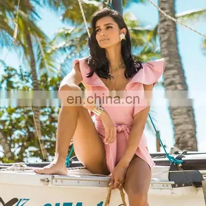 Vintage Retro One Piece Swimsuit 2021 Shoulder Ruffle Swimwear Women Belt Swimsuit Backless Bathing Suit Beachwear Monokini Swim thumbnail-2