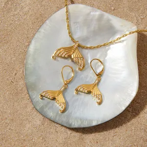 Gold Plated Stainless Steel Fan Shape Drop Earrings for Women CZ Stone Dangle Earrings Waterproof Hypoallergenic Jewelry Wholesale thumbnail-4