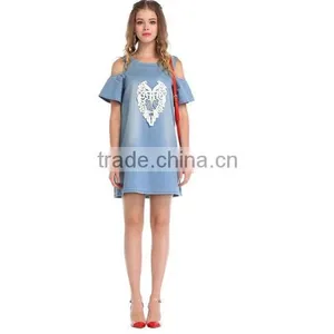 2014 New Design Women Denim Dress Pattern Fashion Design Off Shoulder Printing Bule Denim Sexy Dress thumbnail-1