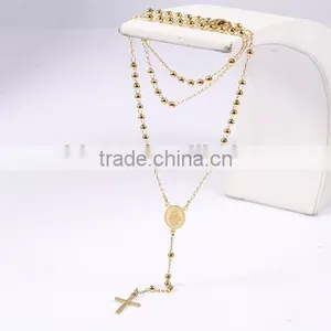 2016 New Arrival Vogue Gold Plated Small Beads Long Chain Cross Necklace thumbnail-3