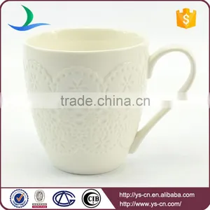 Embossed Lace White Glazed Porcelain Coffee Mug With Handle Prices thumbnail-1